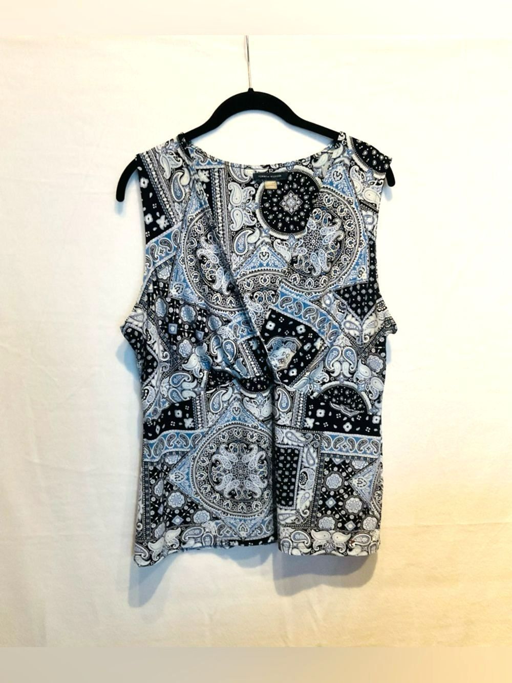 Tommy Hilfiger Blue Paisley Mosaic Sleeveless Faux Wrap Top Blouse Size M